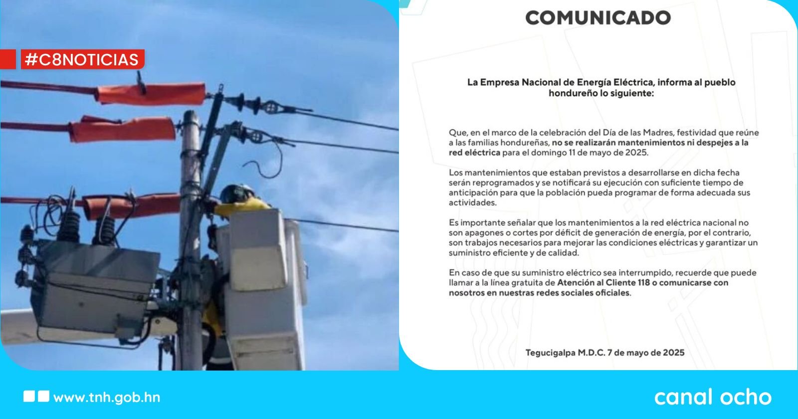 ENEE no suspenderá servicio eléctrico el domingo por celebración del Día de la Madre